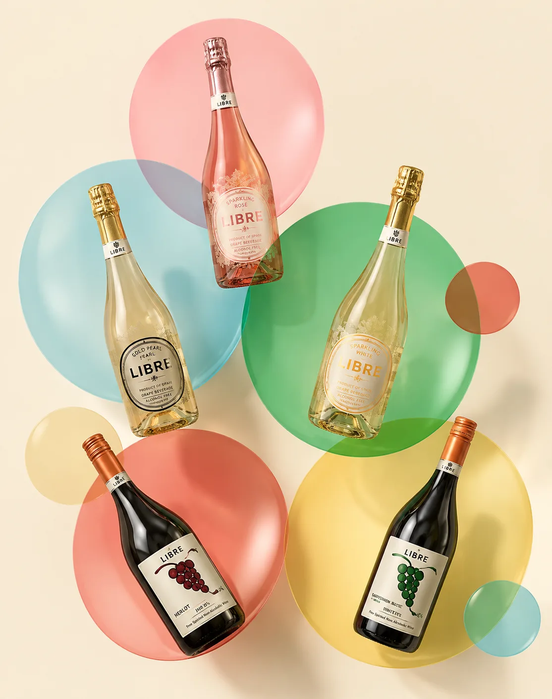 All five LIBRE bottles arranged on overlapping circles of brand colour.