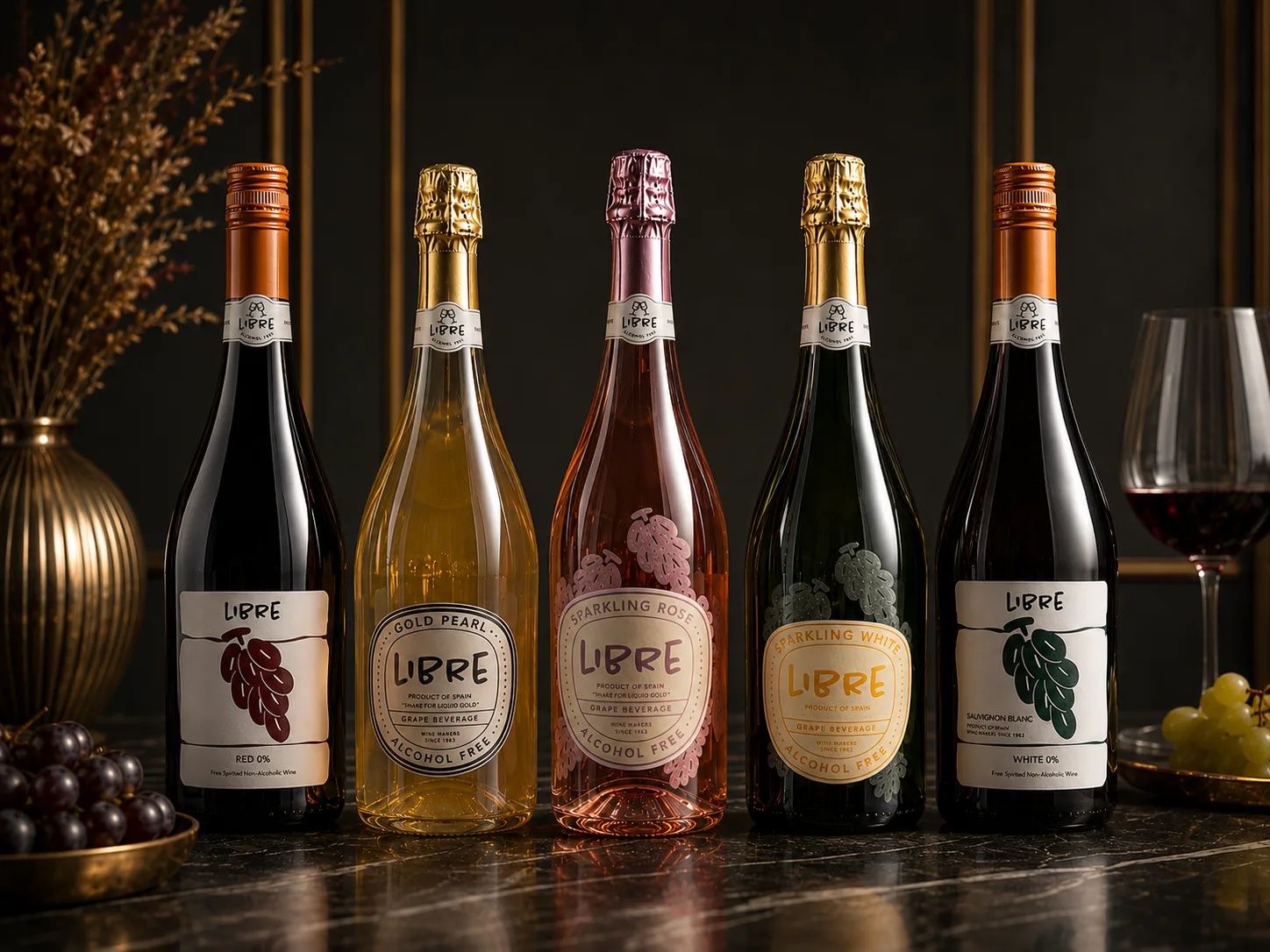 All five LIBRE bottles on a dark marble table with dried flowers and glasses.