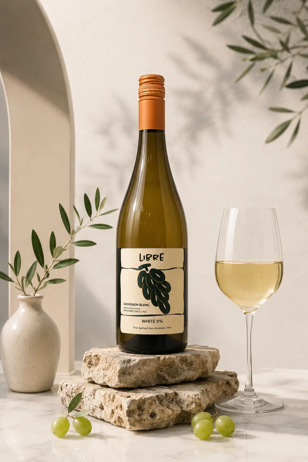 LIBRE Sauvignon Blanc with a filled glass, stones and an olive branch.