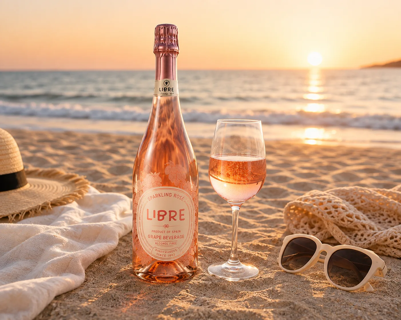 Sparkling Rosé and a filled glass on a beach at sunset.