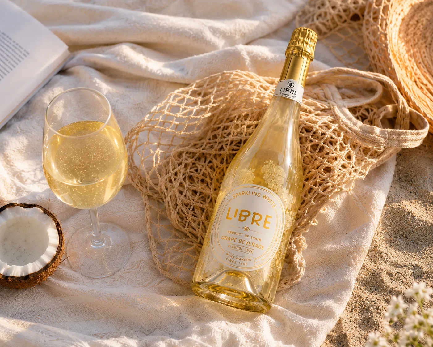 Sparkling White in a net bag on sand beside a poured glass.