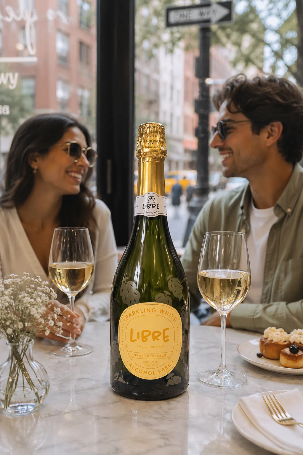 Two people talking across a café table, Sparkling White and two glasses between them.