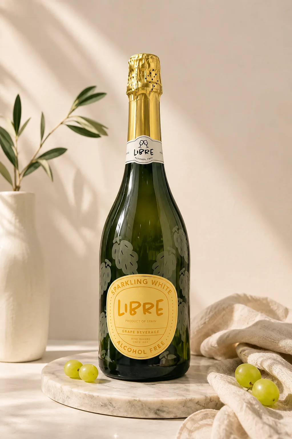 LIBRE Sparkling White on a marble plinth with grapes and an olive branch.